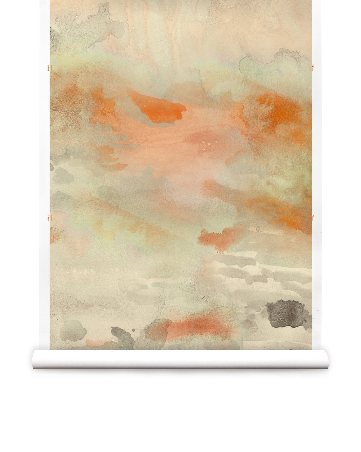 Wallpaper roll of an ethereal watercolor mural in shades rust red, warm orange, tan, and taupe.