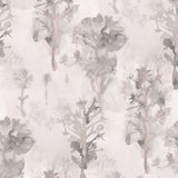 Detail of wallpaper in a watercolor tree print in shades of light gray and pink on a cream field.