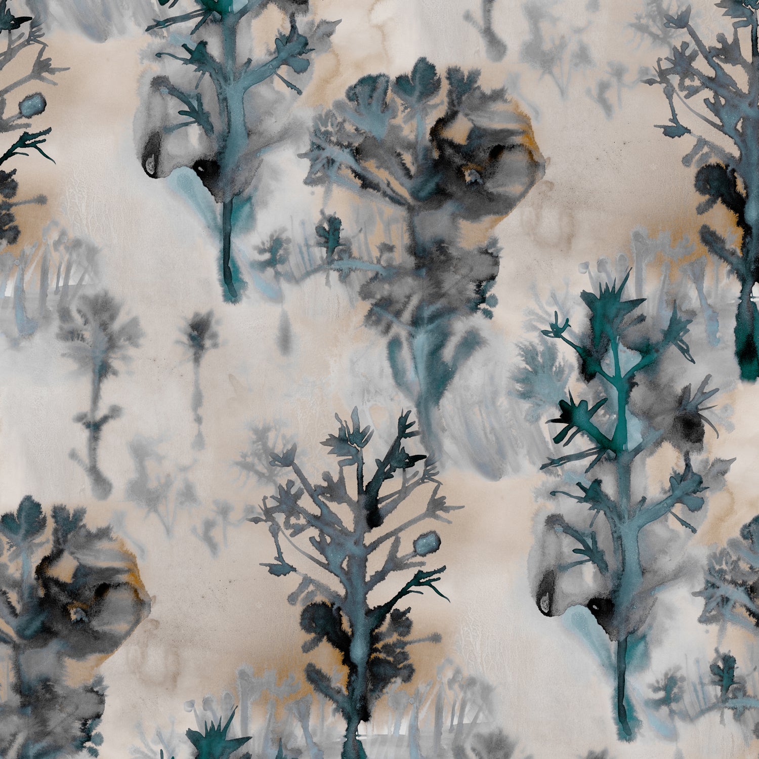 Detail of wallpaper in a watercolor tree print in shades of turquoise, gray and gold on a cream field.