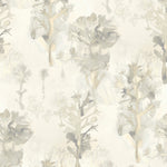 Detail of wallpaper in a watercolor tree print in shades of tan and gray on a white field.