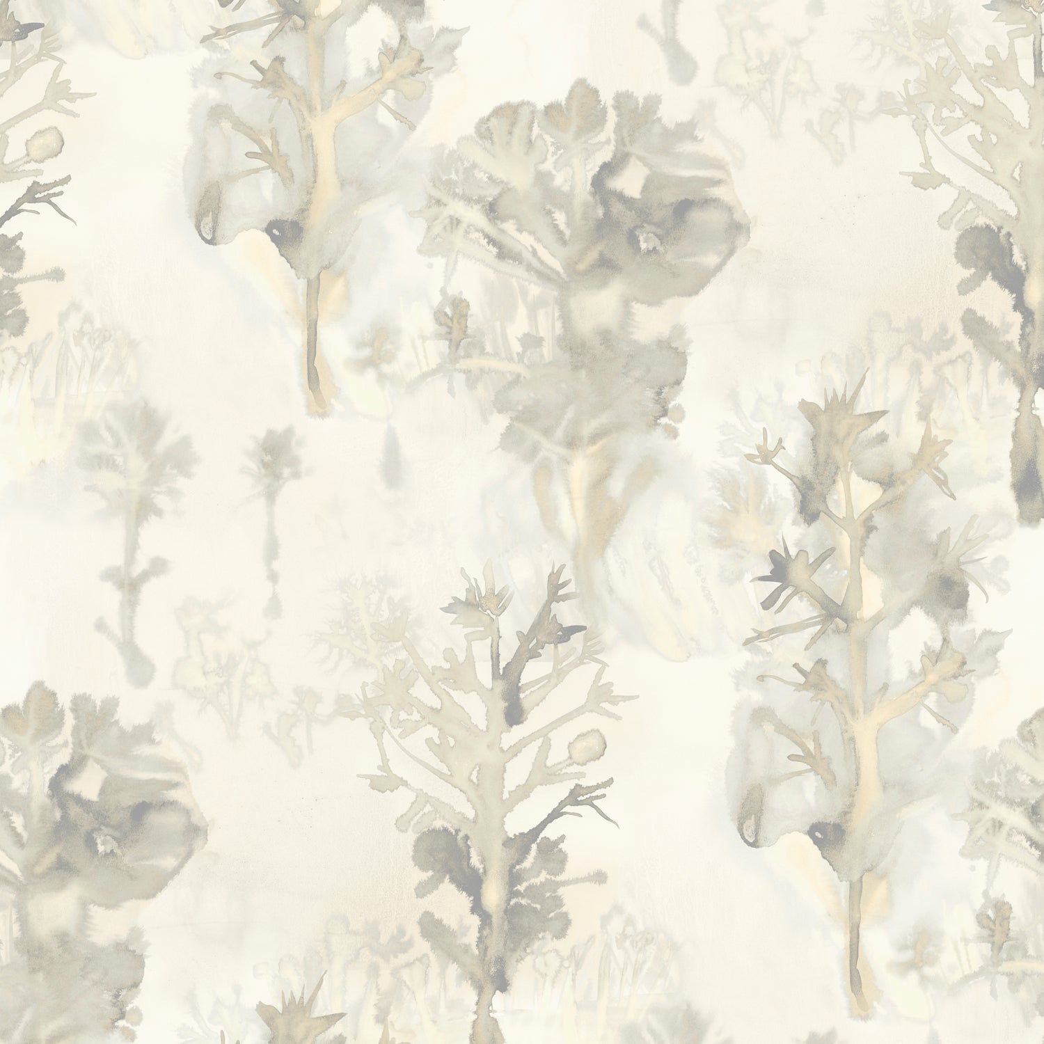 Detail of wallpaper in a watercolor tree print in shades of tan and gray on a white field.