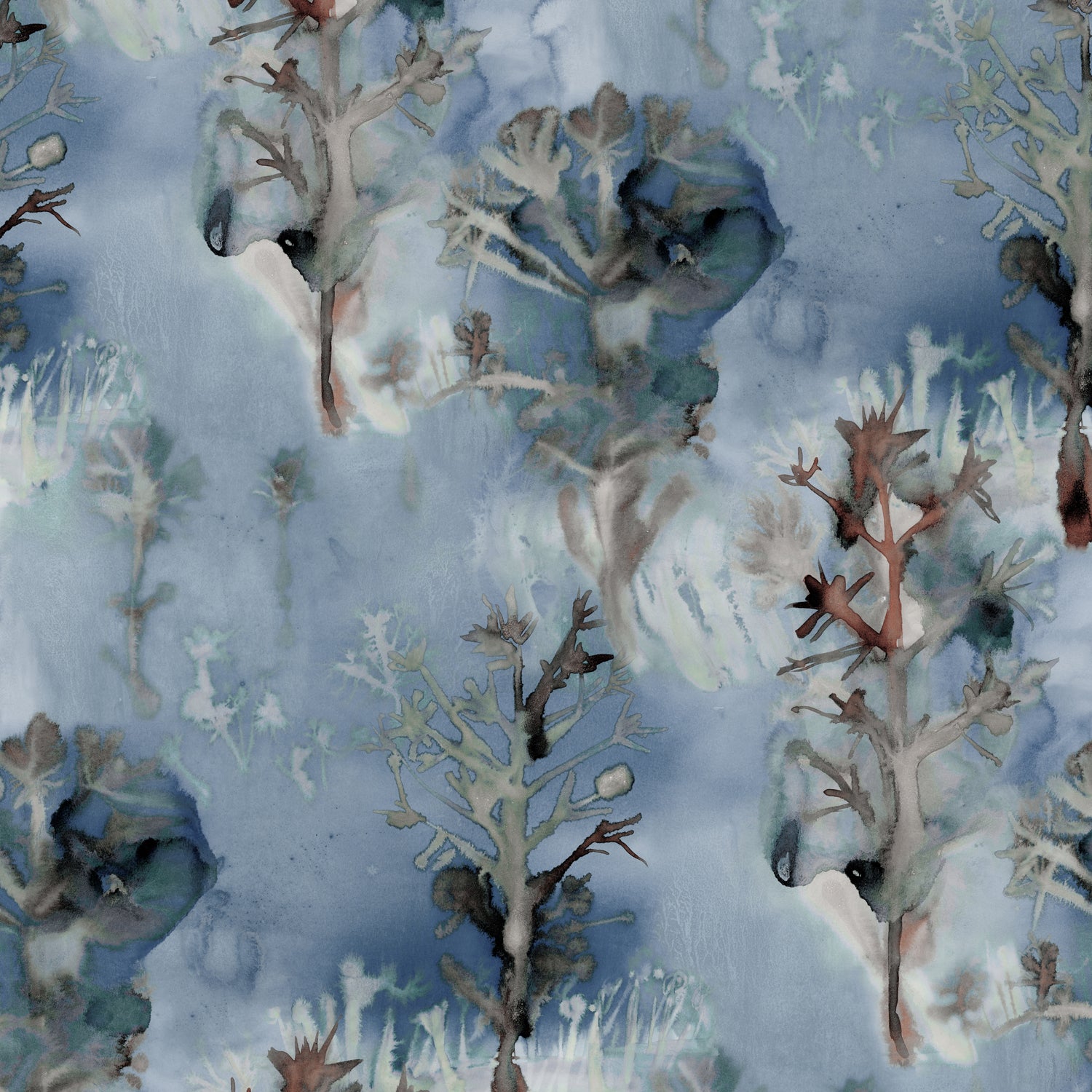 Detail of wallpaper in a watercolor tree print in shades of gray and turquoise on a blue field.