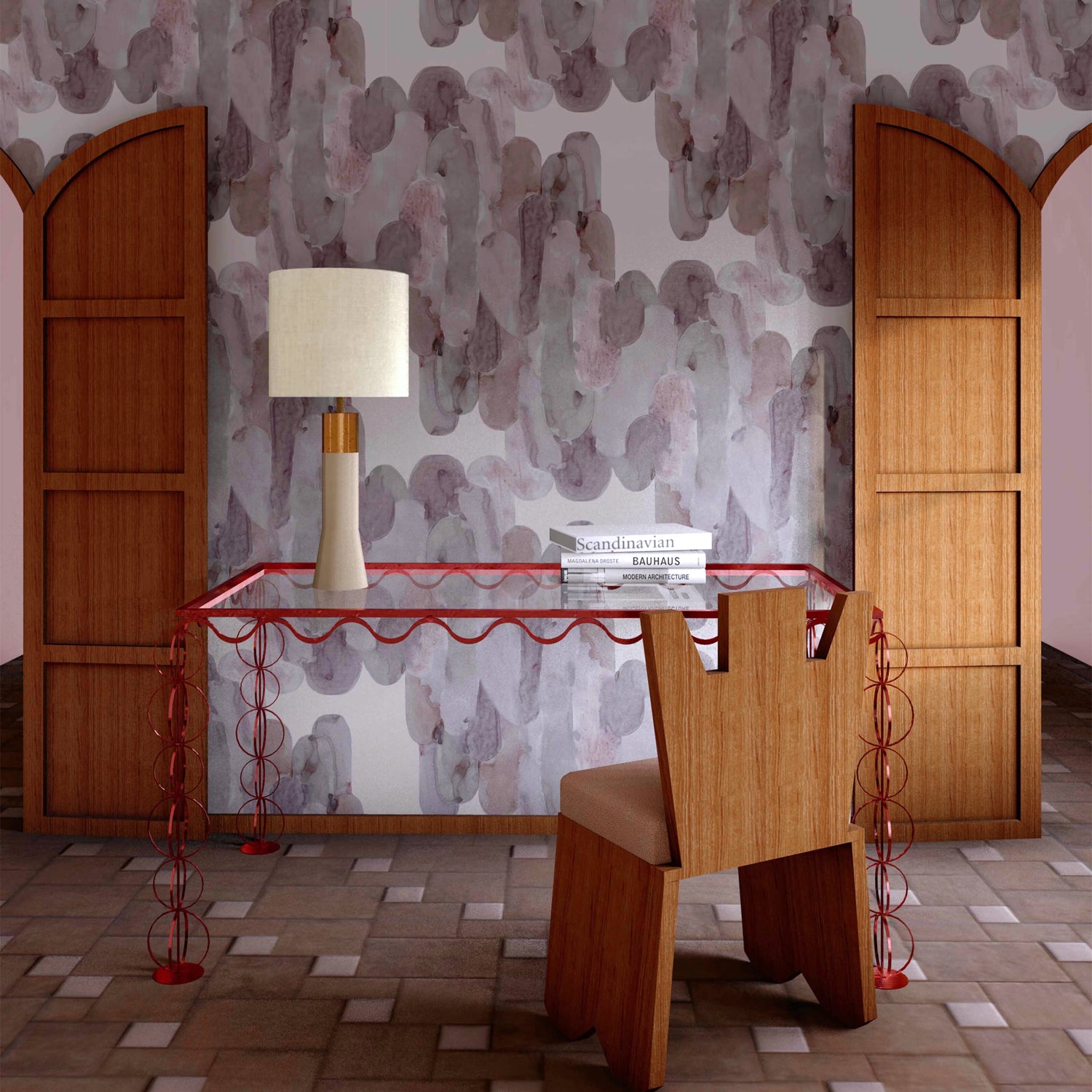 Home office wallpapered in watercolor elongated pill pattern in moody purple on a white field with a sculptural red metal desk. 