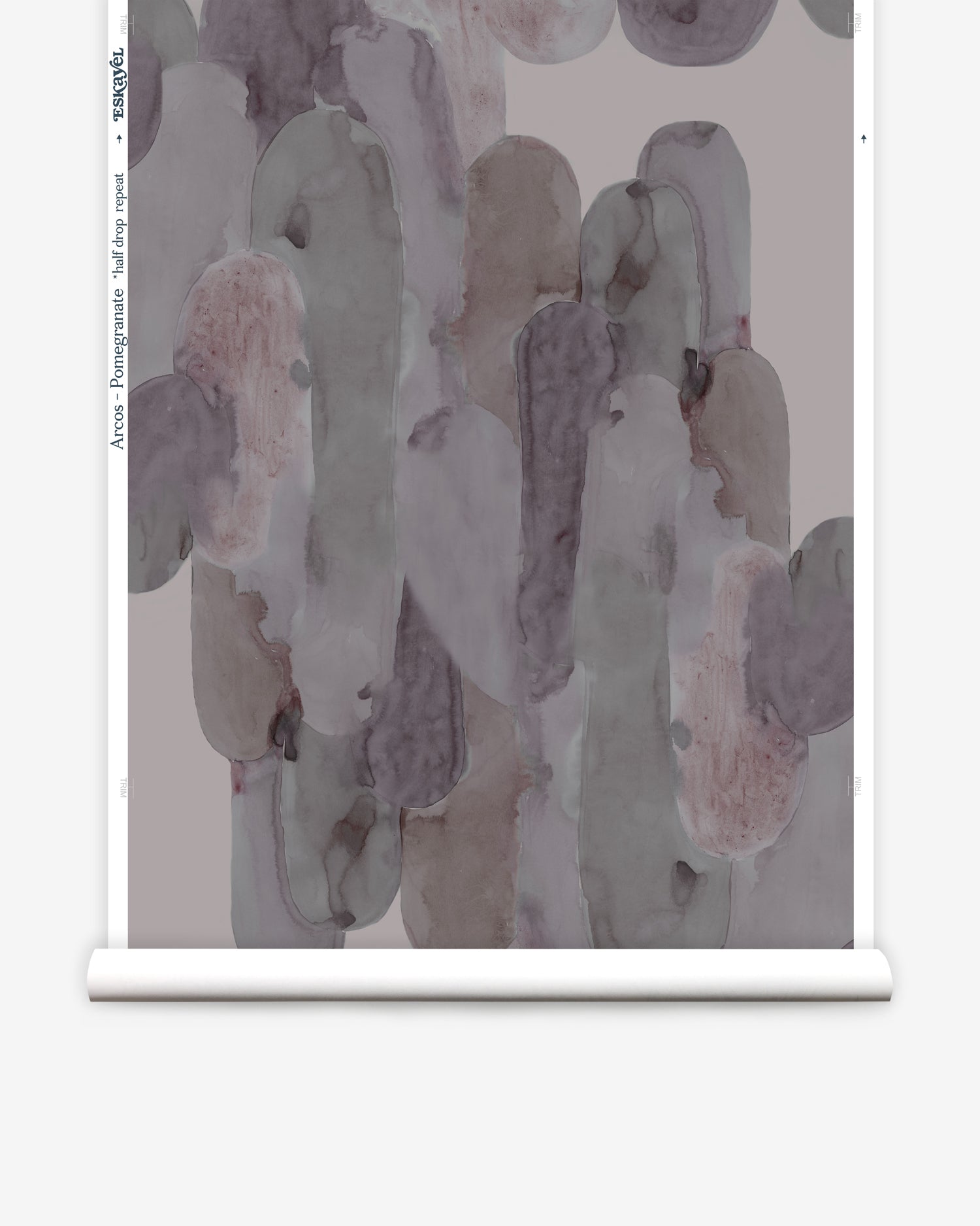 Wallpaper roll  in watercolor elongated pill pattern in moody purple on a white field.
