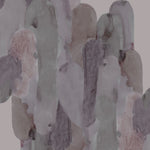 Detail of wallpaper in watercolor elongated pill pattern in moody purple on a white field.