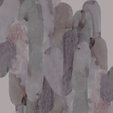Detail of wallpaper in watercolor elongated pill pattern in moody purple on a white field.