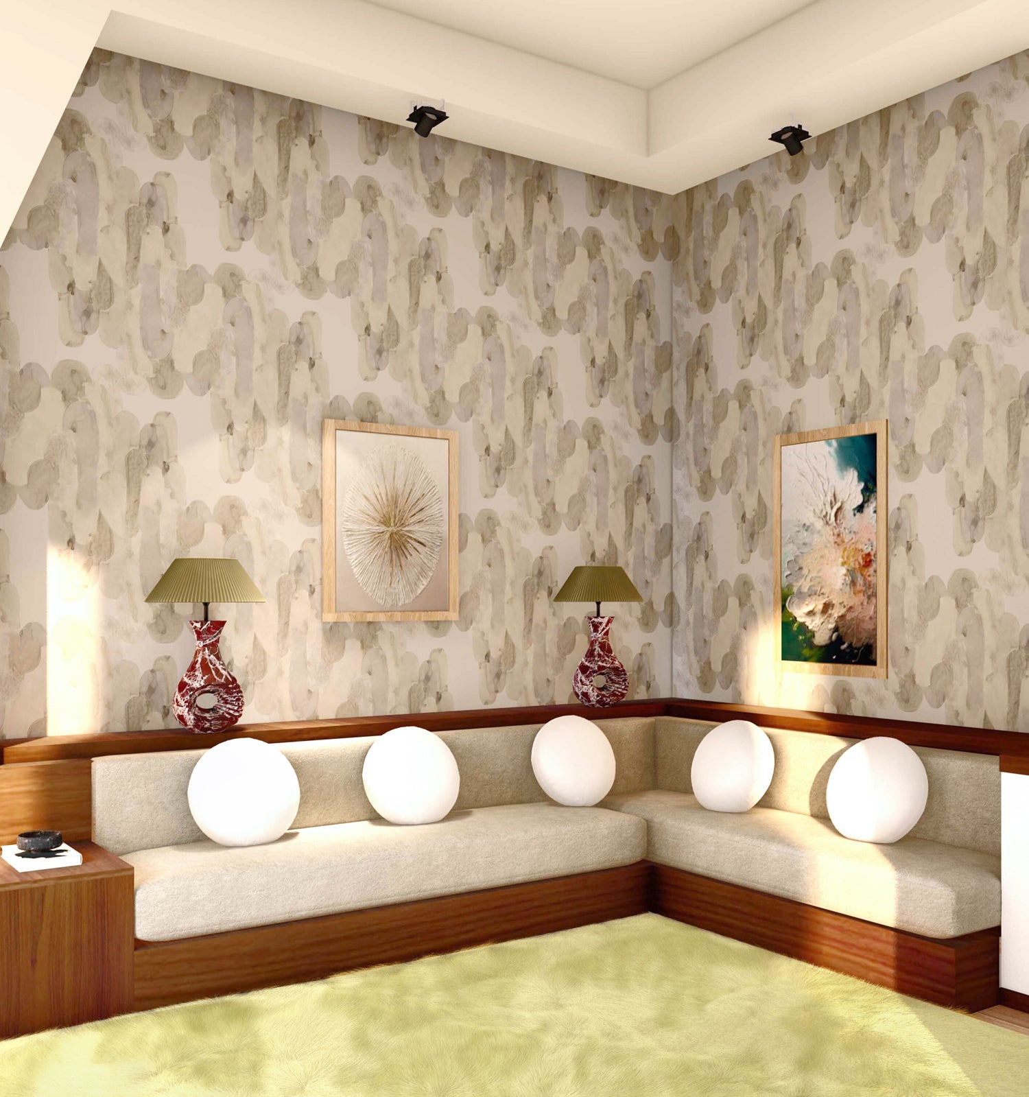 Retro living room scene with built in white couche against a wallpaper in an elegant watercolor pattner in purple, tan and teal. 