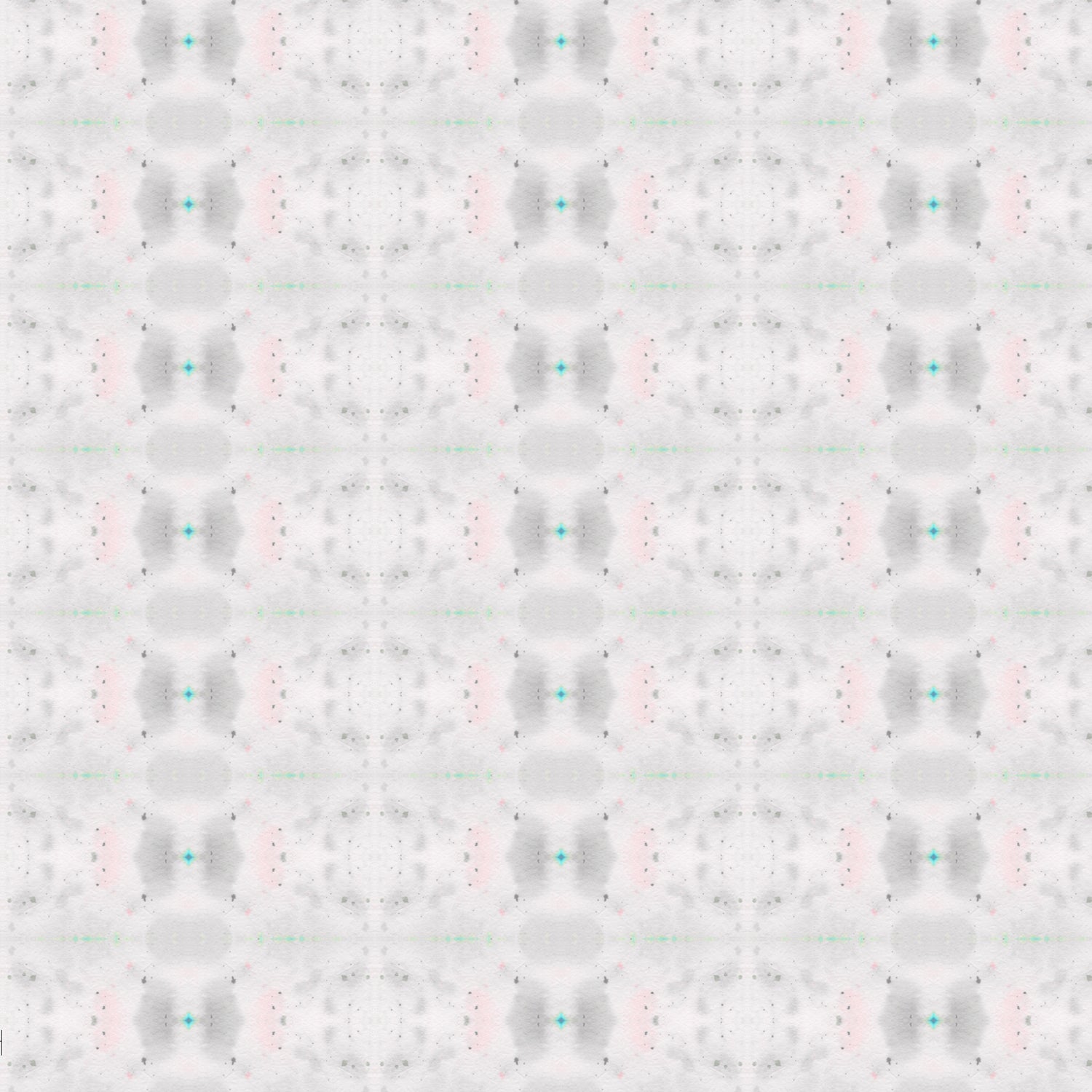 Wallpaper detail in a repeating ink blot print in shades of gray with turquoise and pink accents.