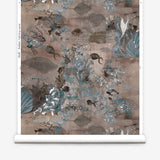 Wallpaper roll in an underwater sealife scene in shades of mauve, grey and turquoise. 