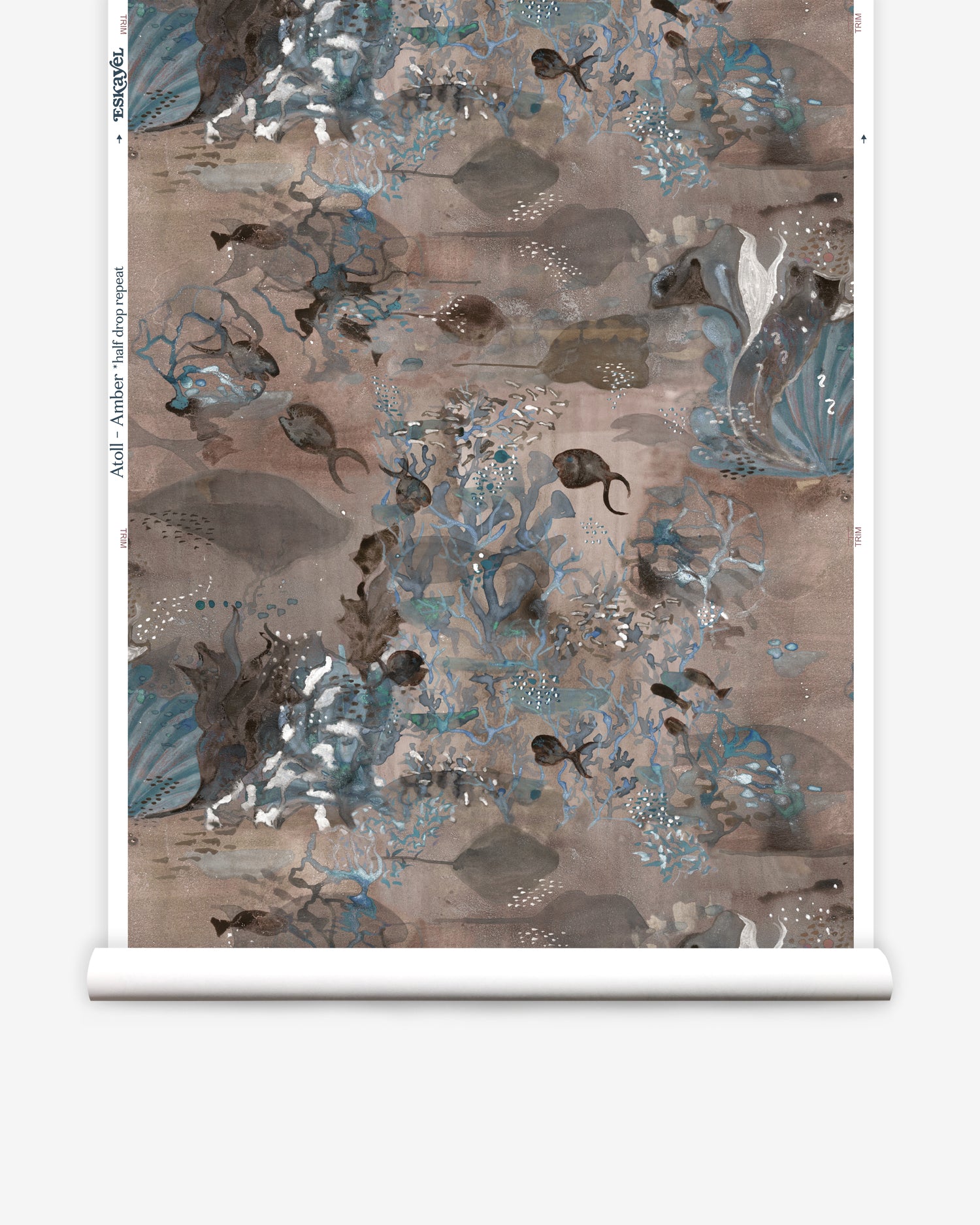 Wallpaper roll in an underwater sealife scene in shades of mauve, grey and turquoise. 