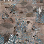 Wallpaper detail in an underwater sealife scene in shades of mauve, grey and turquoise. 