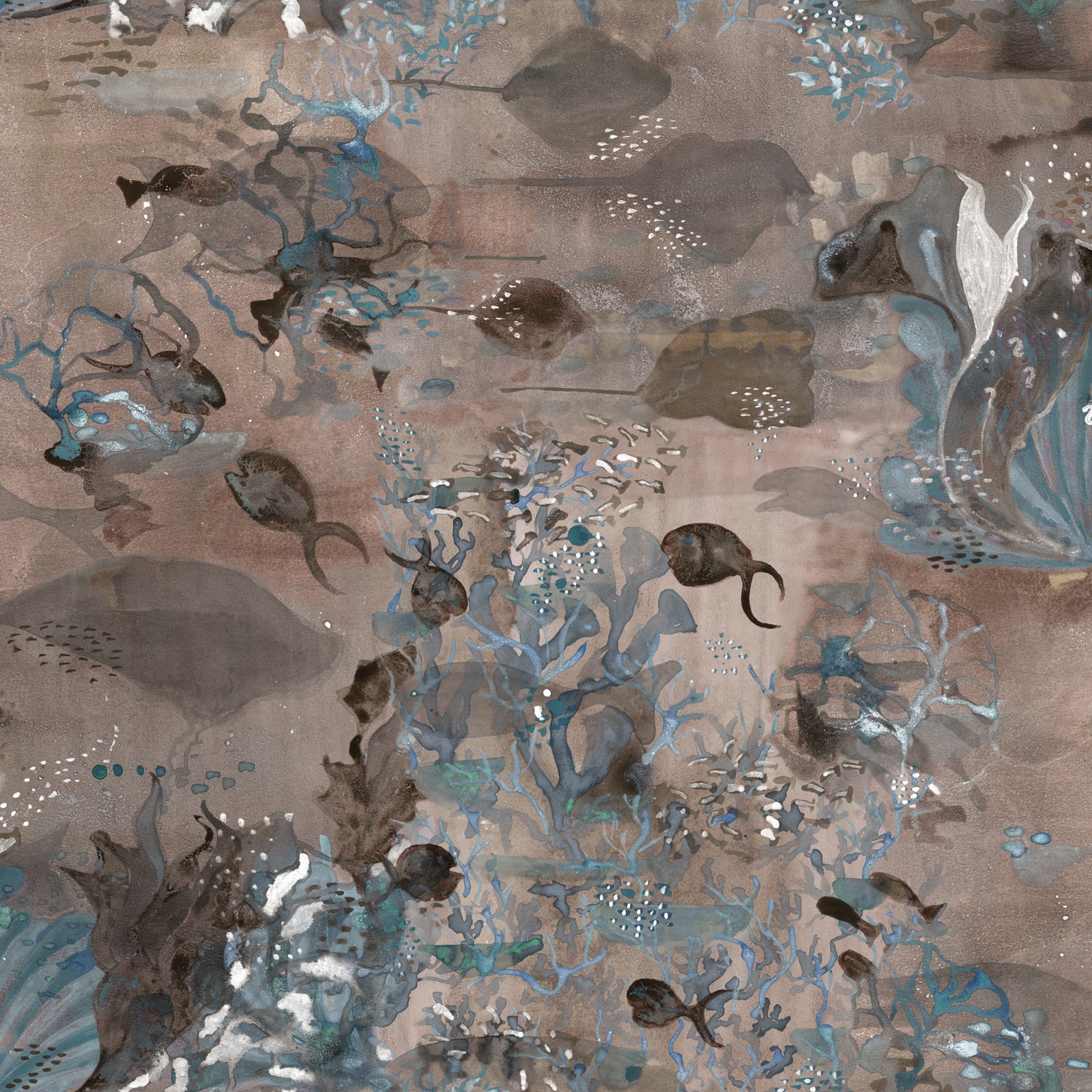 Wallpaper detail in an underwater sealife scene in shades of mauve, grey and turquoise. 