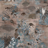 Wallpaper detail in an underwater sealife scene in shades of mauve, grey and turquoise. 