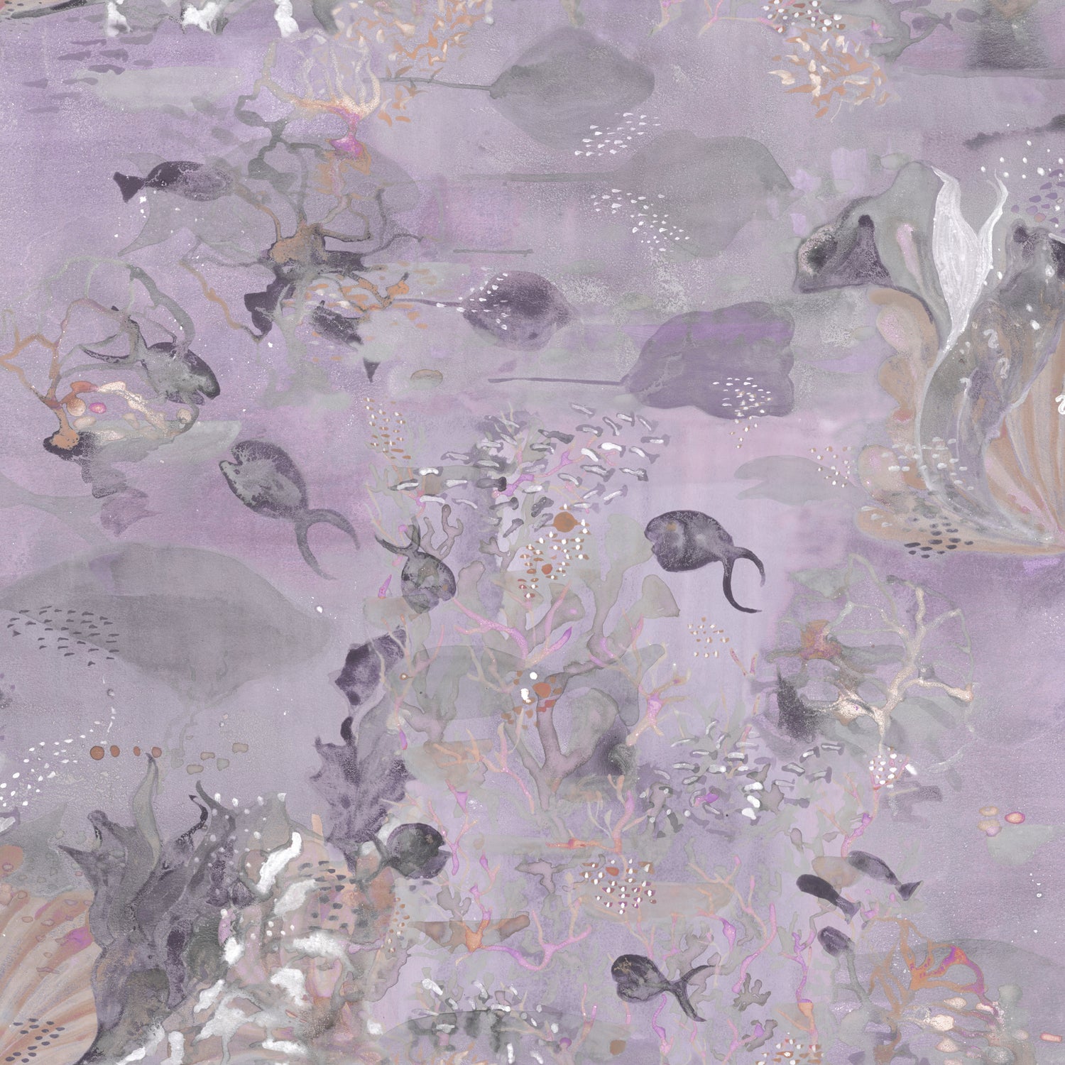 Wallpaper detail in an underwater sealife scene in shades of light purple. 
