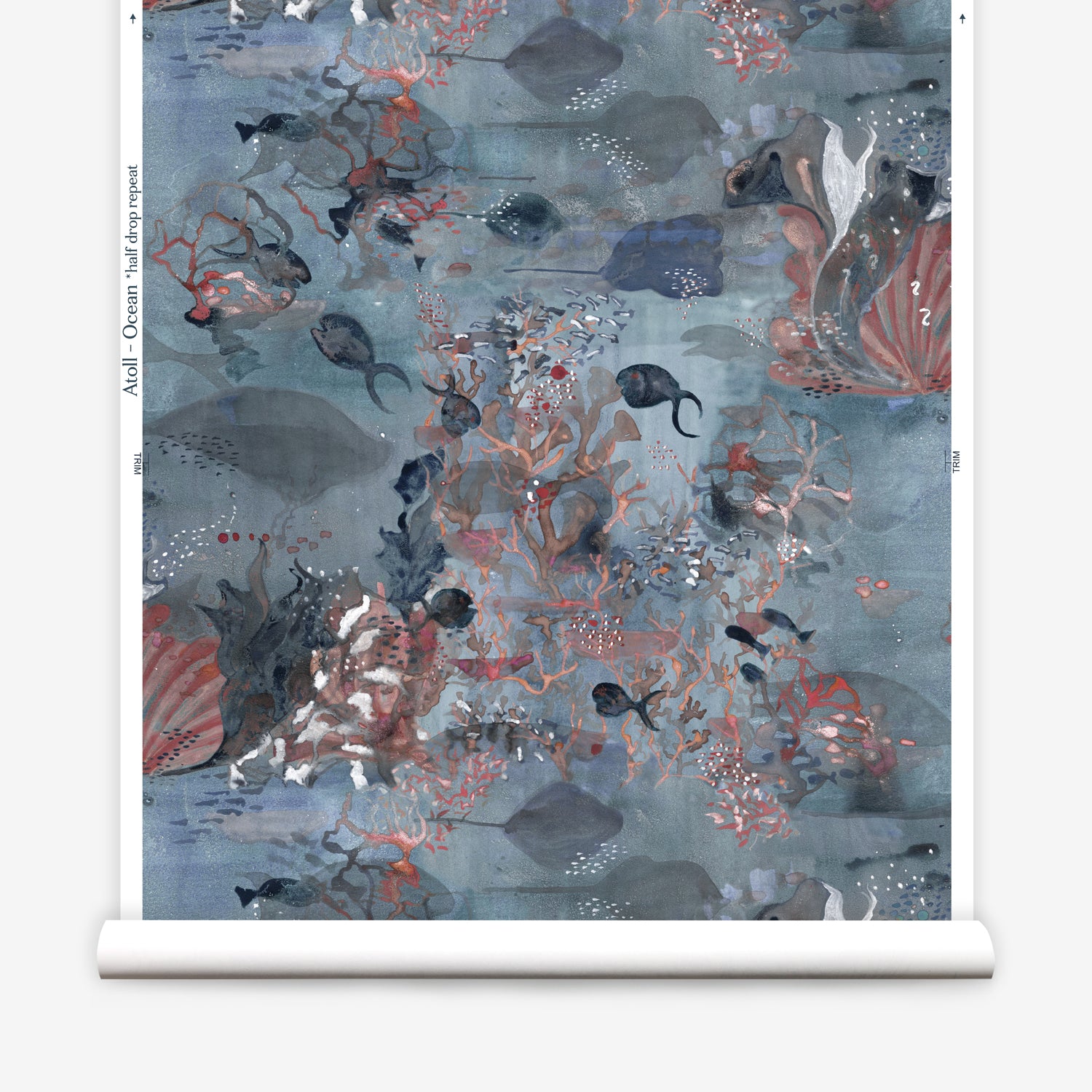 Wallpaper roll in an underwater sealife scene in shades of blues with red accents. 