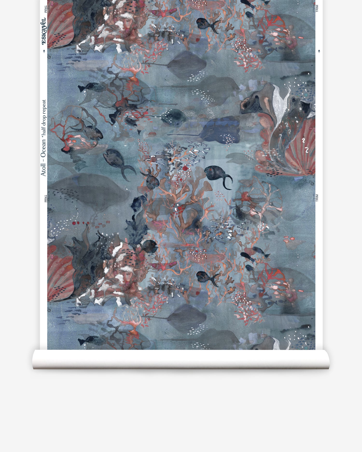 Wallpaper roll in an underwater sealife scene in shades of blues with red accents. 