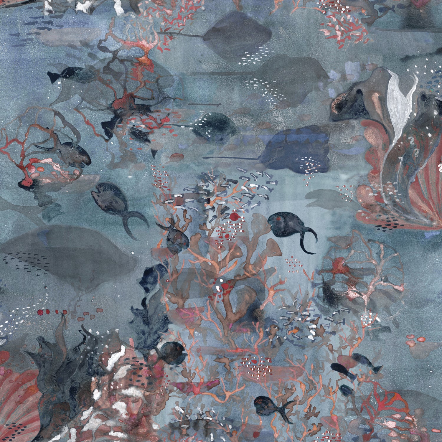 Wallpaper detail in an underwater sealife scene in shades of blues with red accents. 