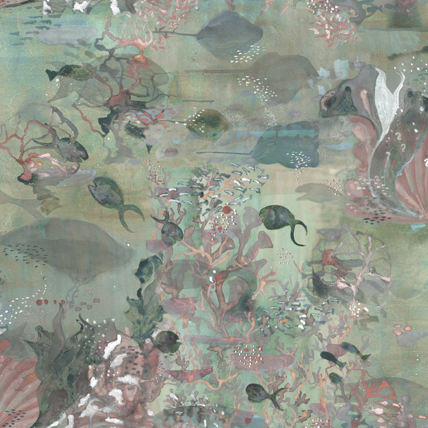 Wallpaper detail in an underwater sealife scene in shades of sage green with coral accents. 