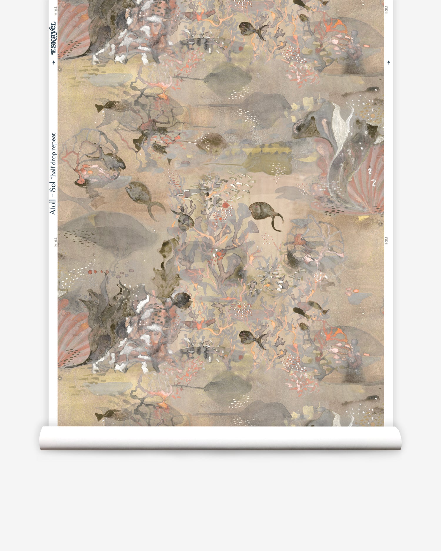Wallpaper roll in an underwater sealife scene in shades of taupe, blush and grey. 