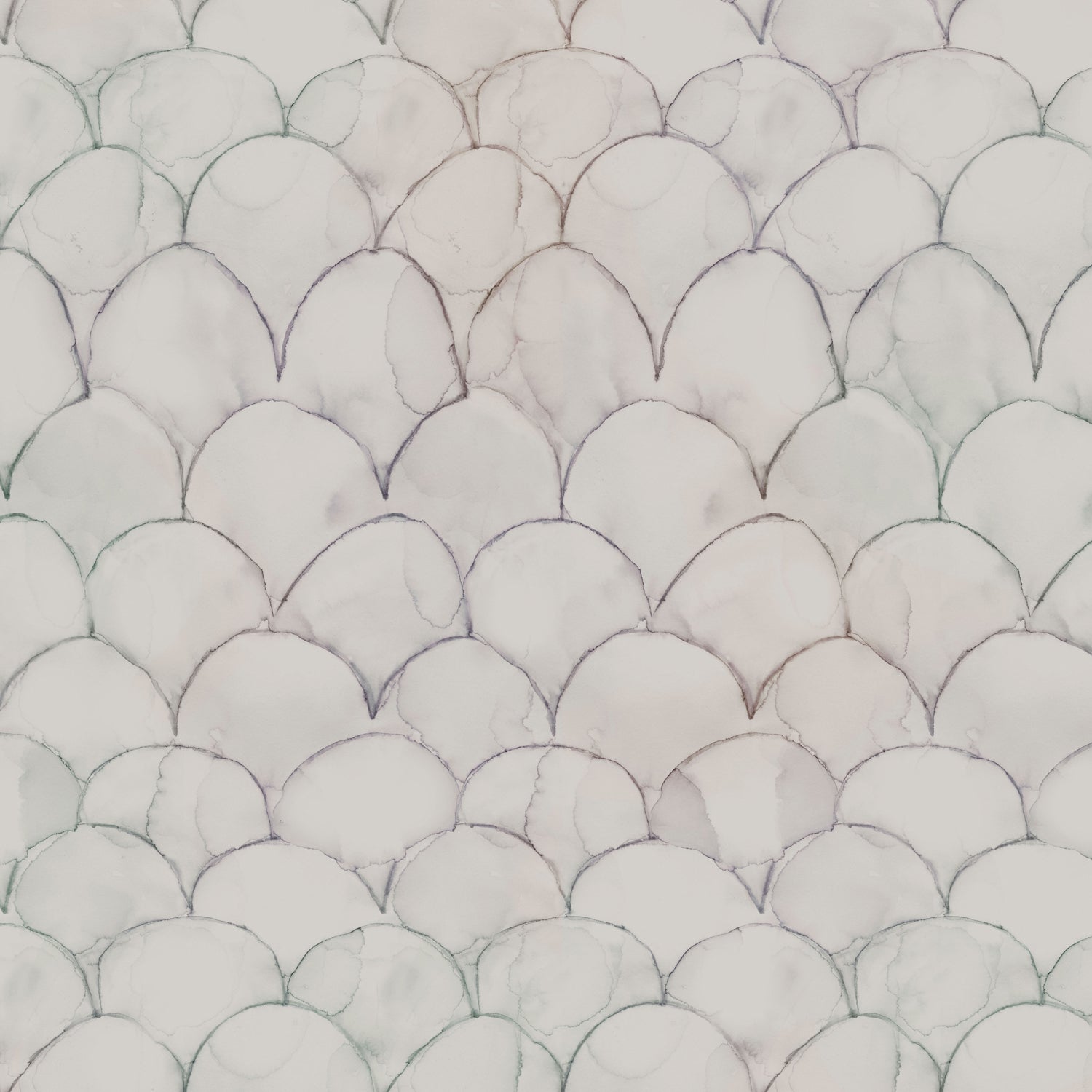 Detail of wallpaper in a watercolor linear scallop pattern in navy on a cream field. 