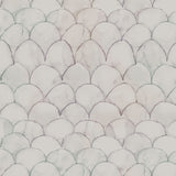 Detail of wallpaper in a watercolor linear scallop pattern in navy on a cream field. 