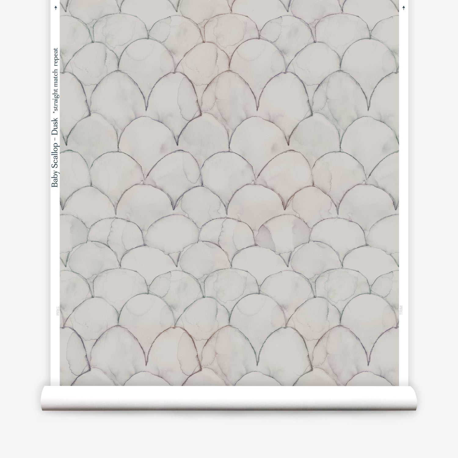 Wallpaper roll in a watercolor linear scallop pattern in navy on a cream field. 