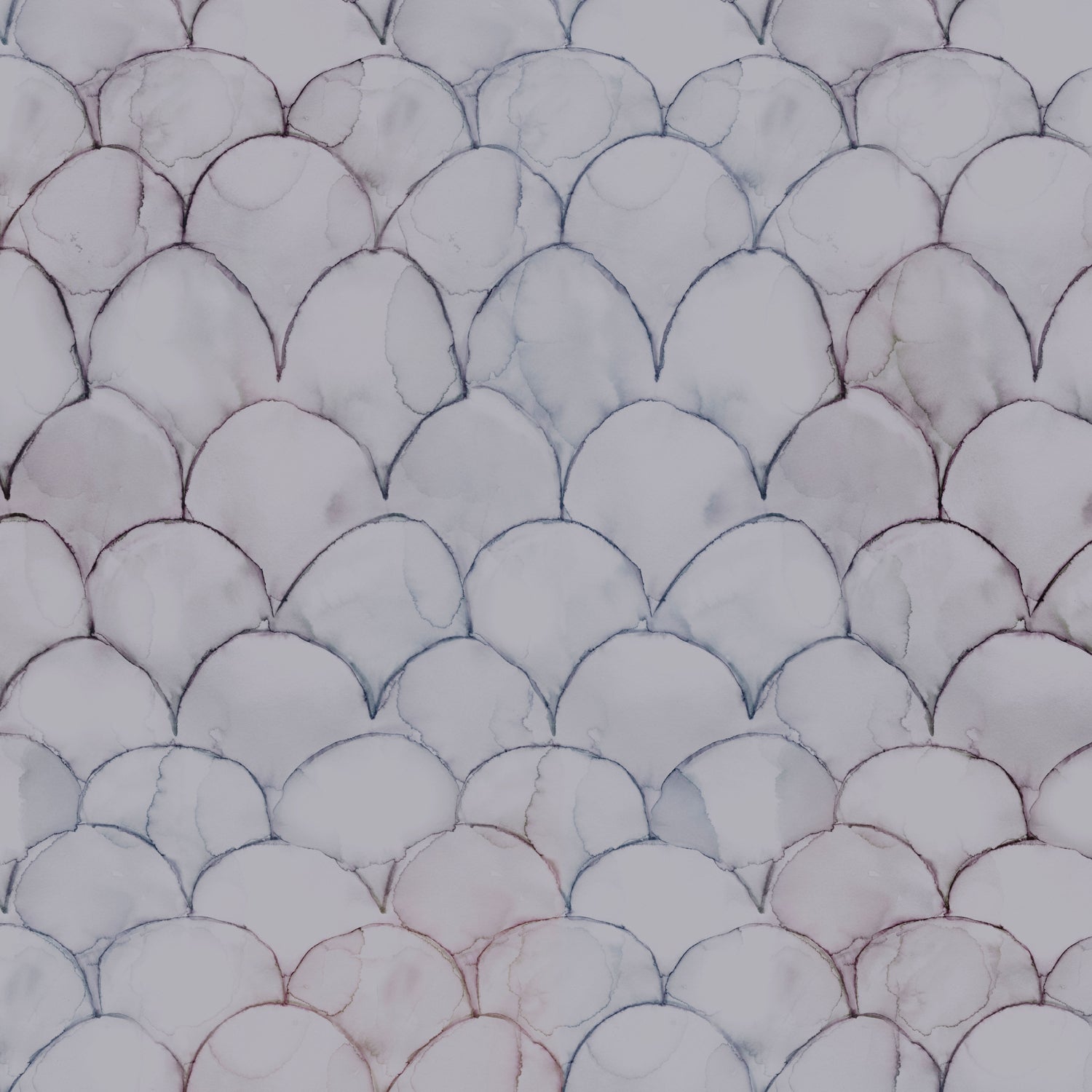 Detail of wallpaper in a watercolor linear scallop pattern in purple on a lilac field. 