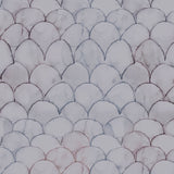 Detail of wallpaper in a watercolor linear scallop pattern in purple on a lilac field. 