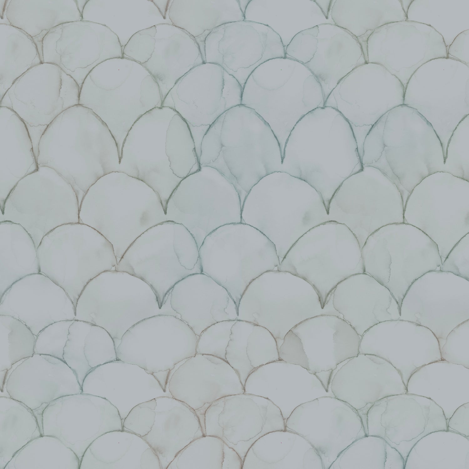 Detail of wallpaper in a watercolor linear scallop pattern in green on a sage field. 