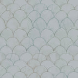 Detail of wallpaper in a watercolor linear scallop pattern in green on a sage field. 