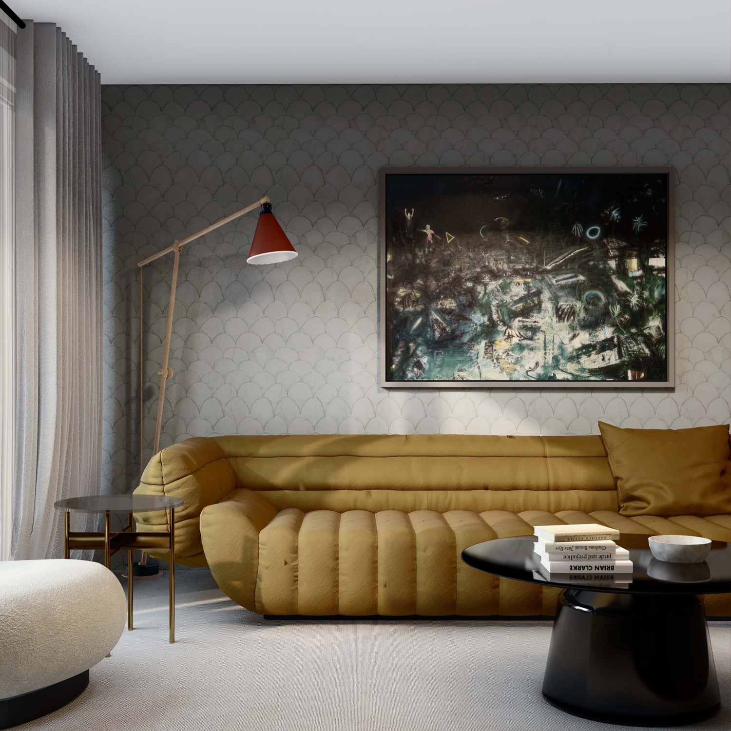 Sophisticated living room scene with sculptural tan couch, black coffee table and floor lamp against a scalloped wallpaper. 