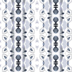 Detail of wallpaper in a watercolor ikat stripe print in shades of blue and black on a white field.