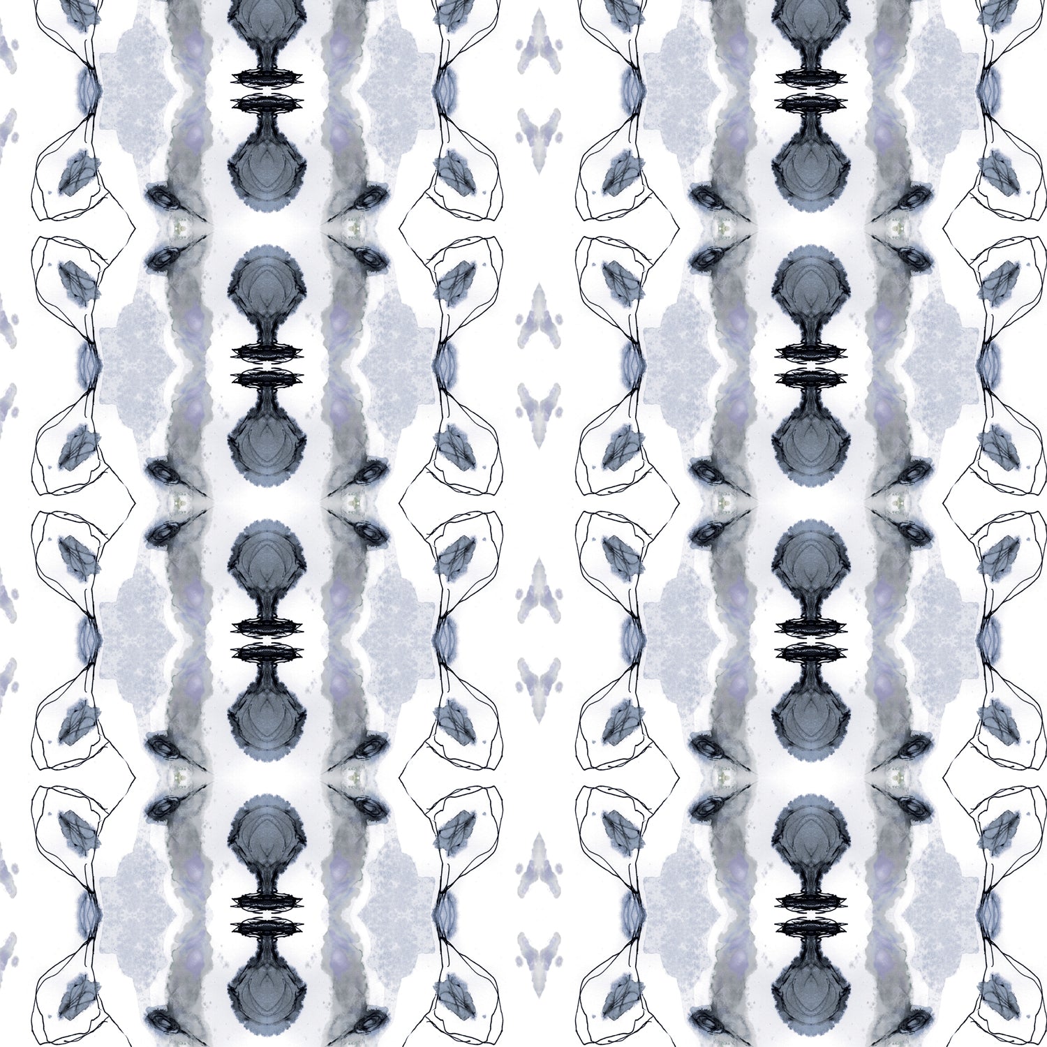 Detail of wallpaper in a watercolor ikat stripe print in shades of blue and black on a white field.