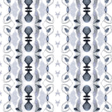 Detail of wallpaper in a watercolor ikat stripe print in shades of blue and black on a white field.