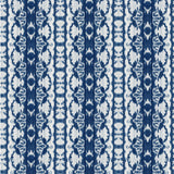Detail of wallpaper in a watercolor ikat stripe print in shades of white and blue on a gray field.