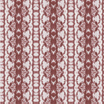 Detail of wallpaper in a watercolor ikat stripe print in shades of white on a red field.