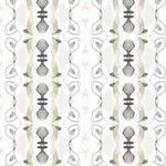 Detail of wallpaper in a watercolor ikat stripe print in shades of cream, pink and gray on a white field.