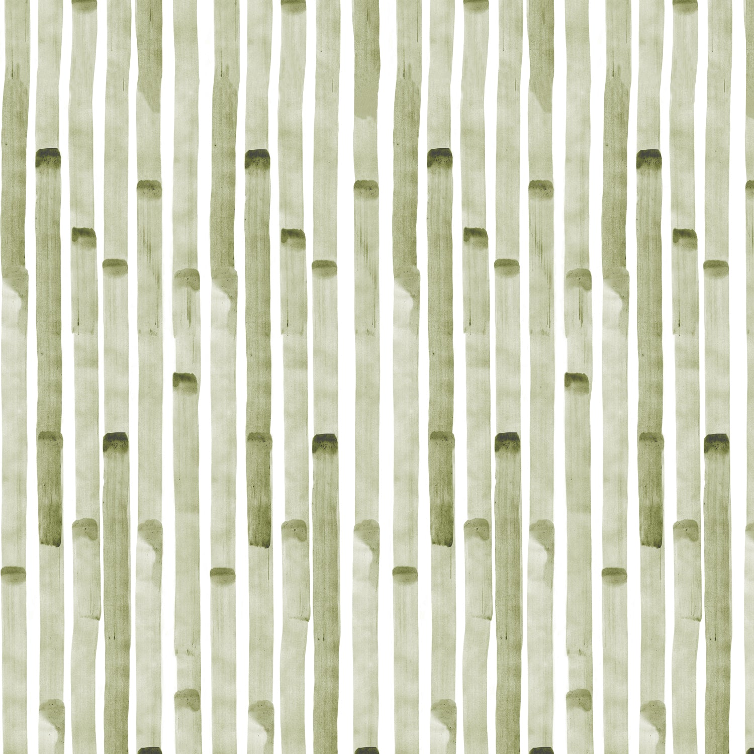 Detail of wallpaper in a painterly stripe print in olive on a white field.
