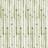 Detail of wallpaper in a painterly stripe print in olive on a white field.