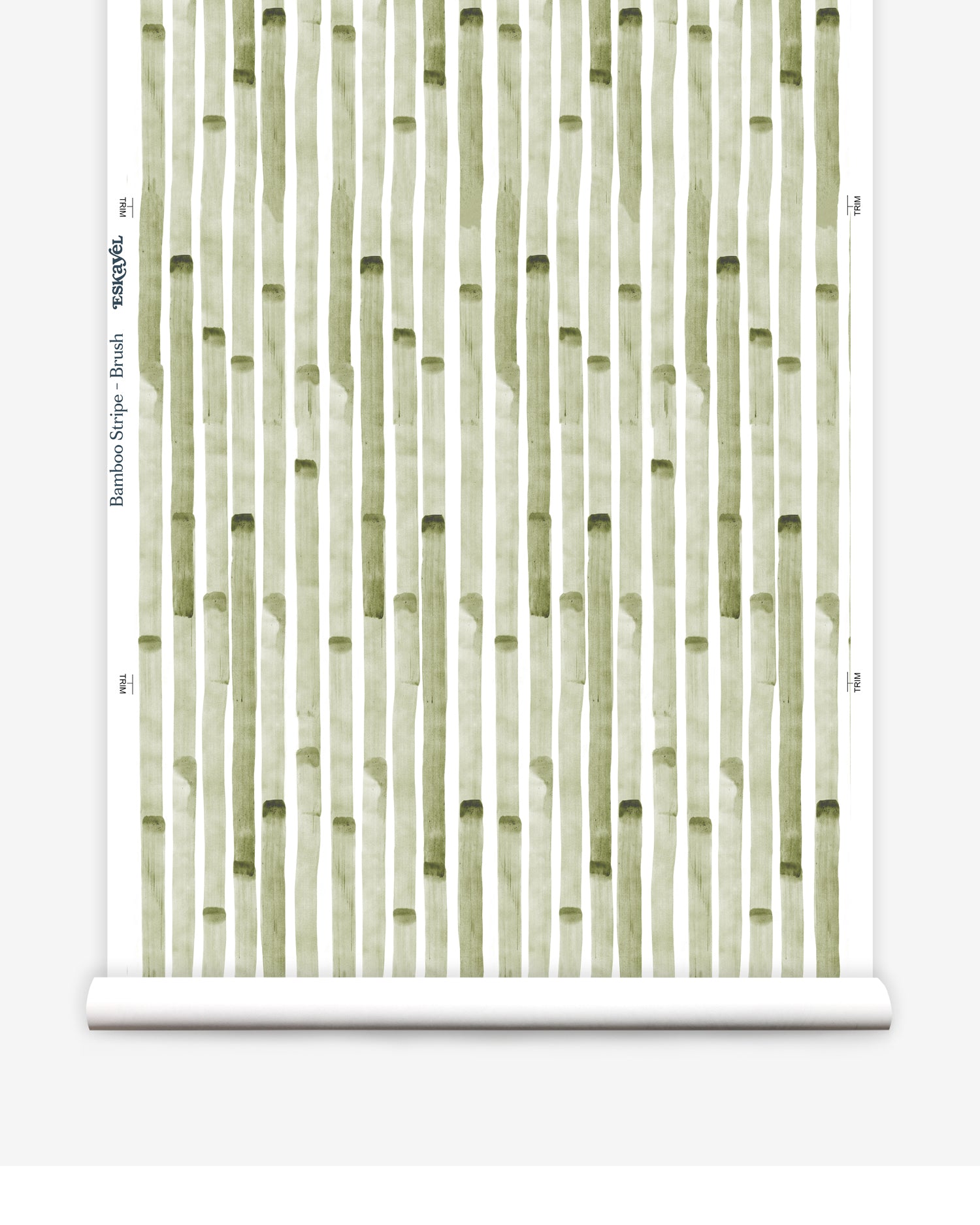 Wallpaper roll in a painterly stripe print in olive on a white field.