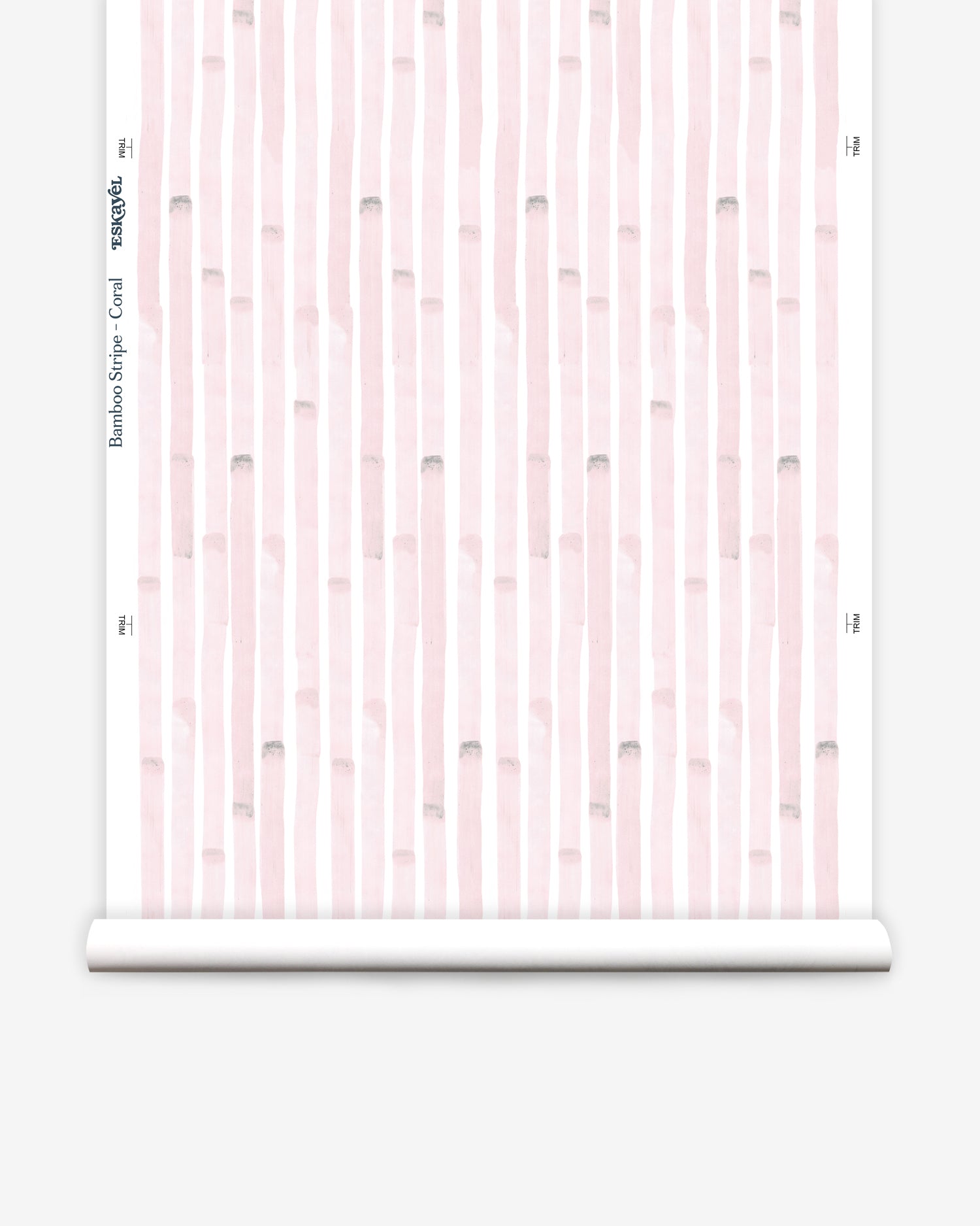 Wallpaper roll  in a painterly stripe print in light pink on a white field.