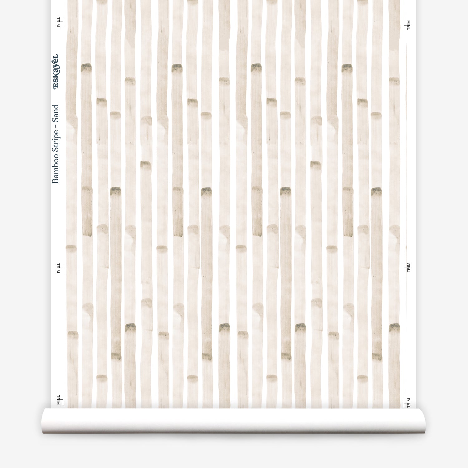 Wallpaper roll in a painterly stripe print in tan on a white field.