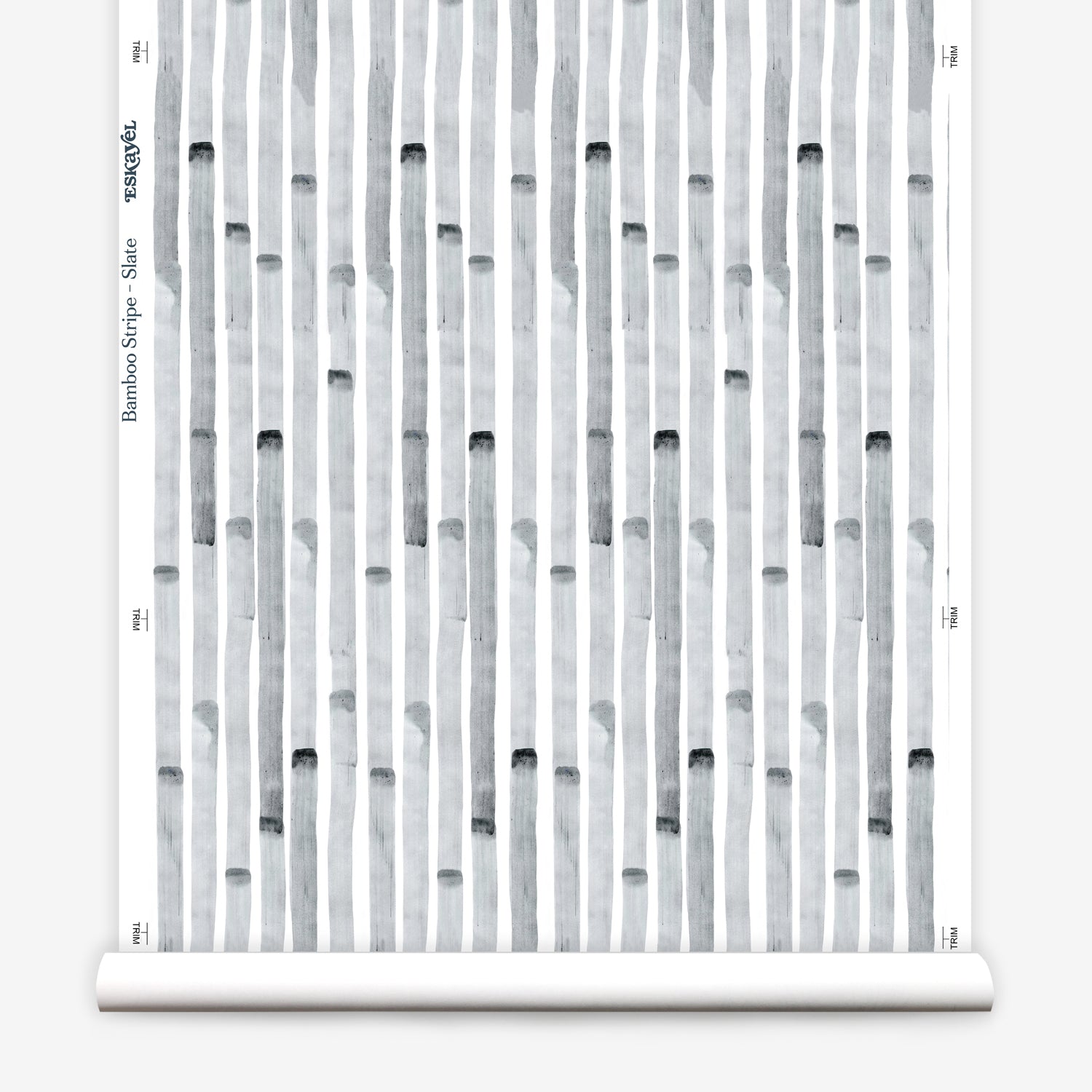 Wallpaper roll in a painterly stripe print in gray on a white field.