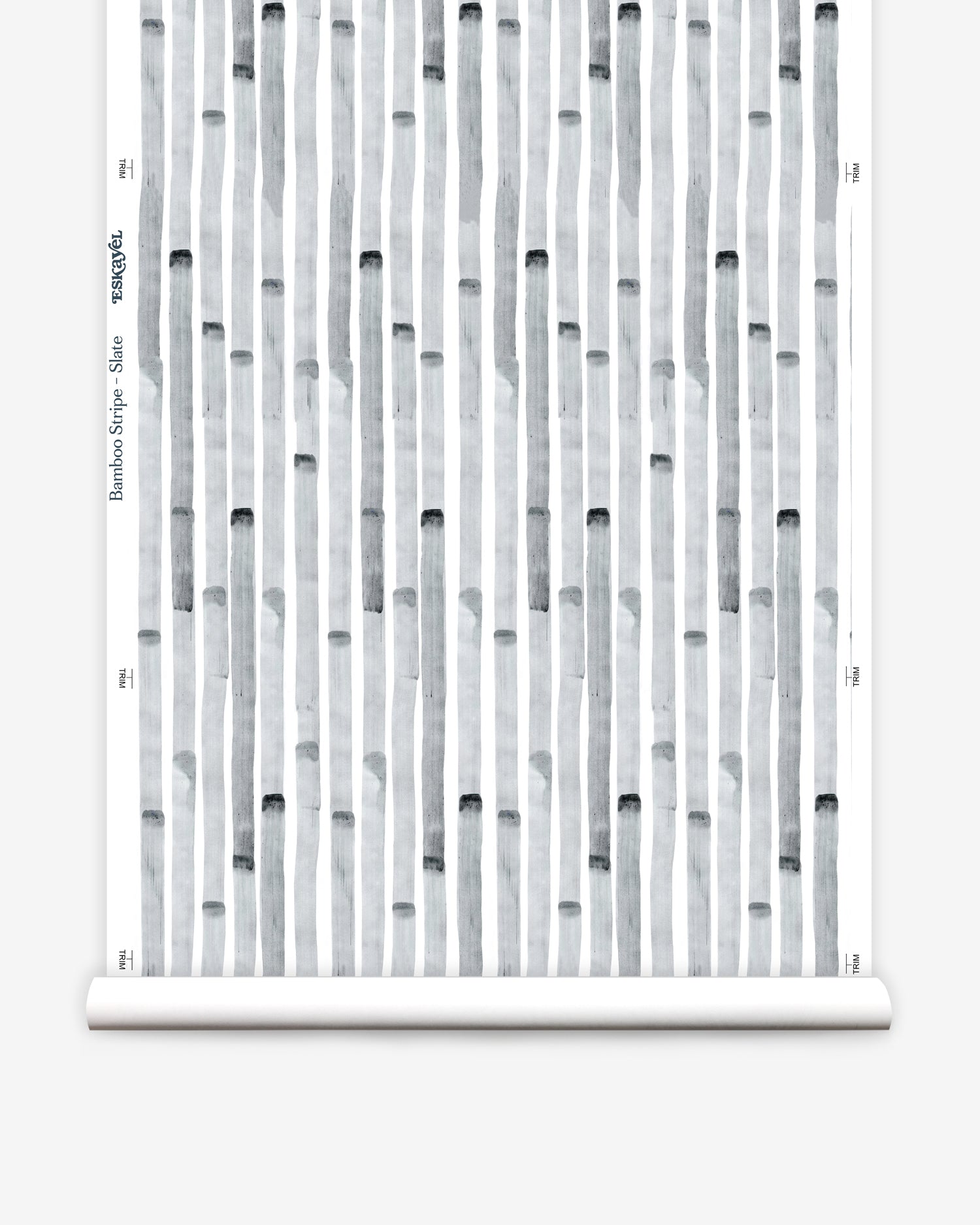Wallpaper roll in a painterly stripe print in gray on a white field.