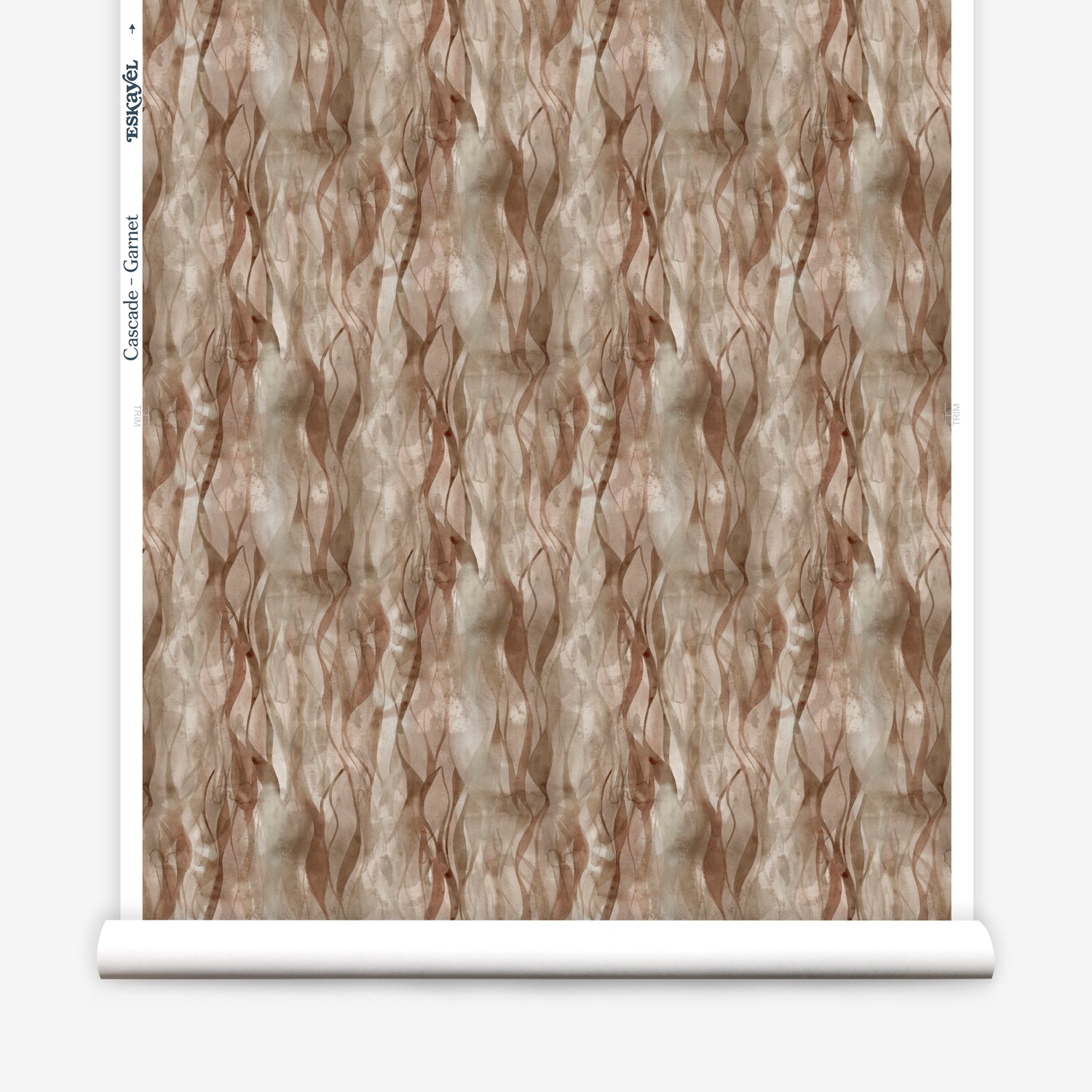 Draped fabric in a layered squiggle watercolor pattern in shades of brown