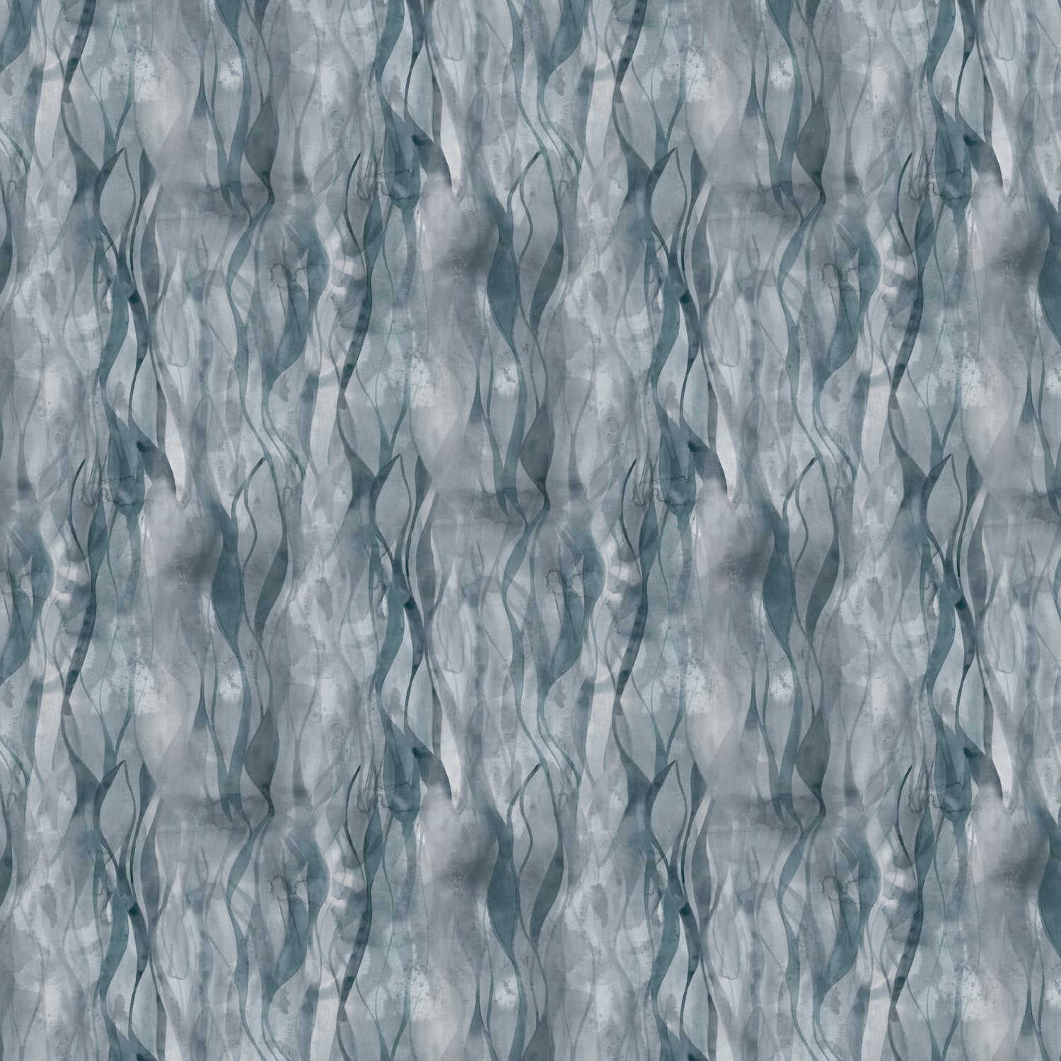 Draped fabric in a layered squiggle watercolor pattern in shades of steel blue. 