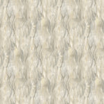 Wallpaper detail in a layered squiggle watercolor pattern in shades of grey and warn tan. 
