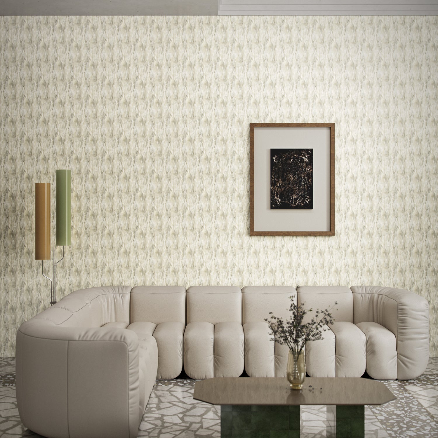 Modernist living room with beige leather couch, steel table and framed art against textural taupe watercolor wallpaper. 