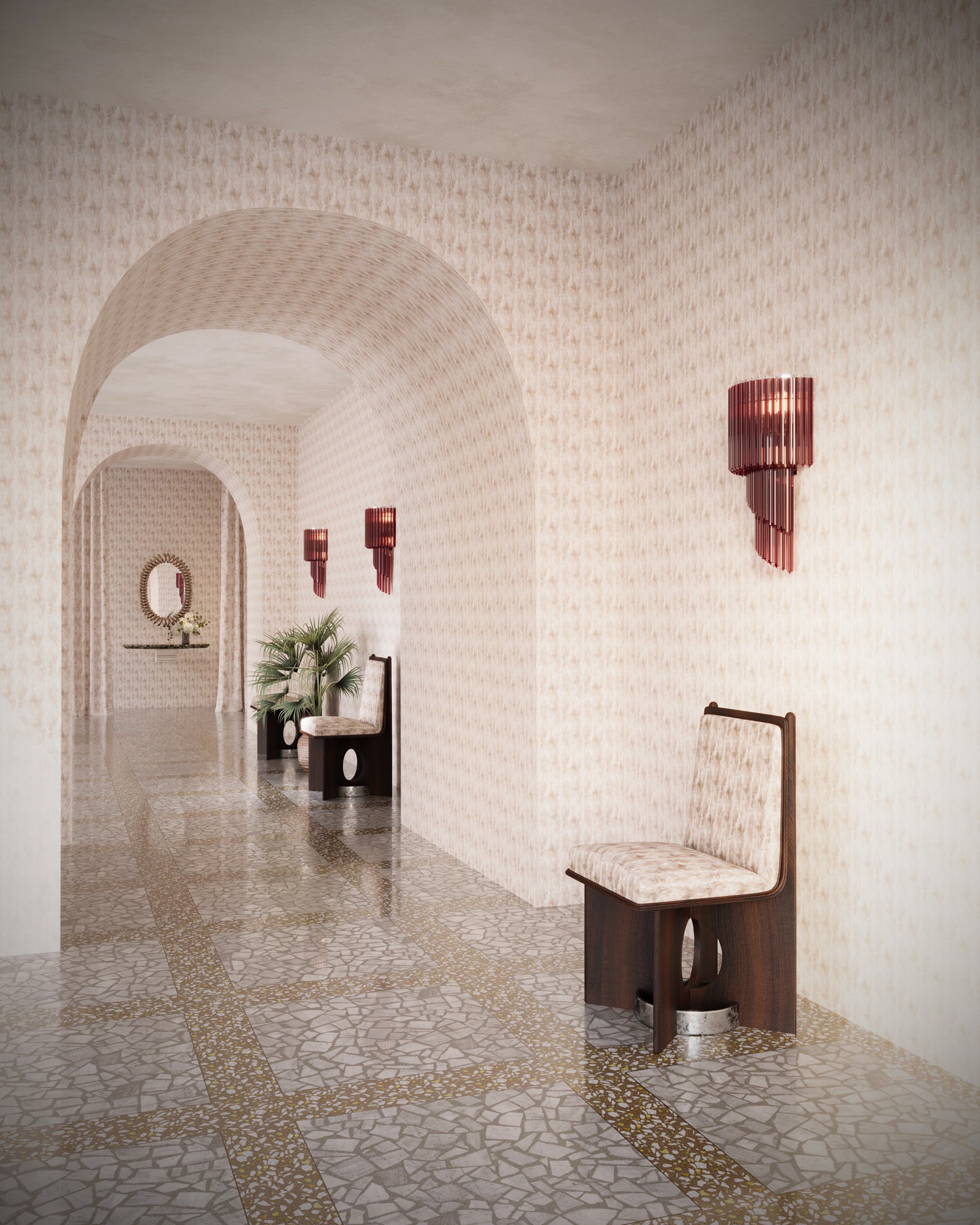 Arched hallway with terrazzo floors fully wallpapered in a texutral watercolor pattern in pastel pink. 