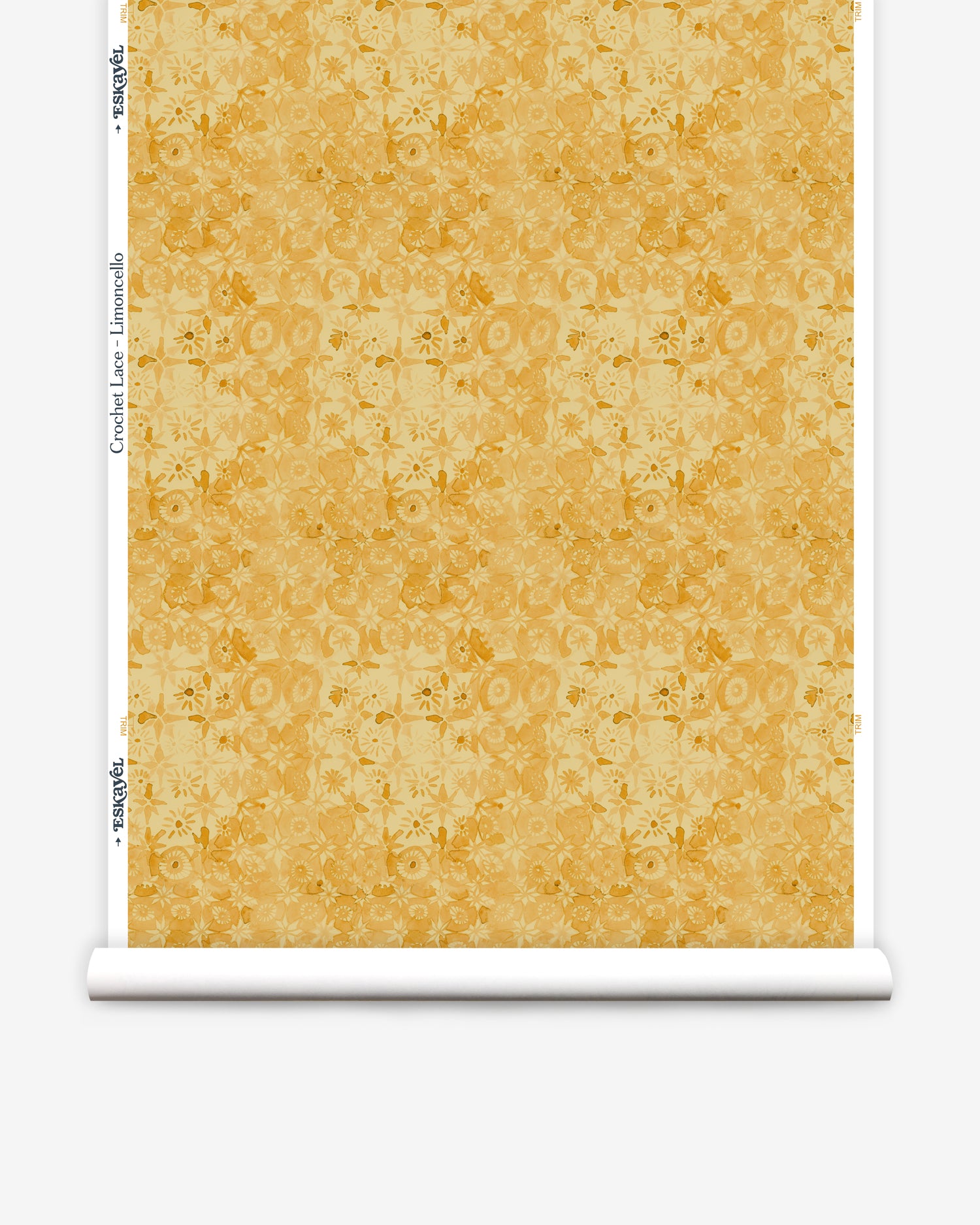 Wallpaper roll with yellow watercolor floral pattern on a white background.